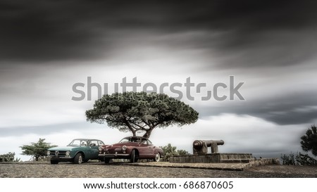 Classic landscape with a tree and clouds. The  Karmann Ghia is a sports car marketed in 2+2 coupe (1955–1974).The Alfa Romeo GT series coupés were a range of cars made by the Italian manufacture.