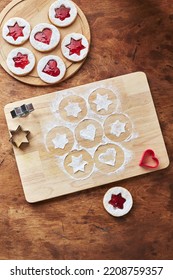 Classic Linzer Christmas Cookies with raspberry or strawberry jam. Top view - Shutterstock ID 2208759357
