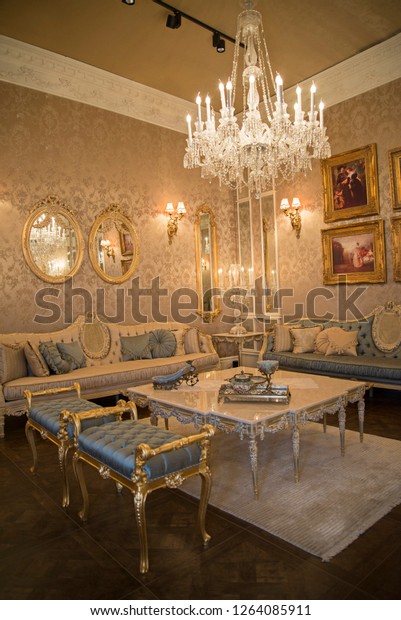 Classic Living Room Design Chandelier Decoration Stock Photo