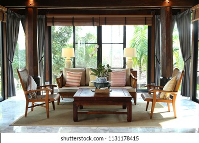 Classic Living Room With Wooden Vintage Furniture. 