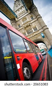 Classic London Bus At Tower Bridge Close Up