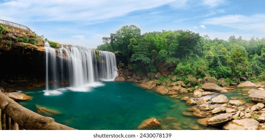 Classic Long exposure panorama of Magical Krang Suri or Krangshuri Waterfall from Magnificent viewpoint near Amlarem Village, Jowai, Meghalaya. A beautiful landscape in Jowai - Powered by Shutterstock