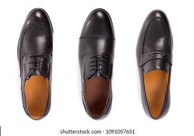 Classic Male Black Leather Shoes Isolated On A White, Top View