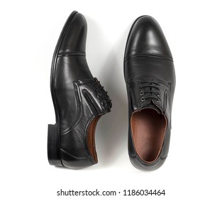 Classic Male Black Leather Shoes Isolated On A White, Top View