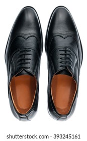 Classic male black leather shoes isolated on a white, top view - Shutterstock ID 393245161