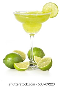 Classic Margarita Cocktail And Lime Isolated On White