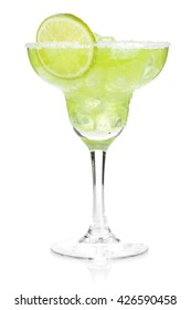 Classic margarita cocktail with salty rim. Isolated on white background