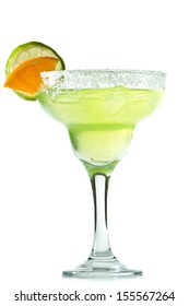 Classic Margarita With A Salt Rim, Lime And Orange Garnish Isolated On A White Background