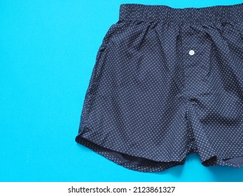 Classic Mens Boxer Shorts On A Blue Background. Male Underwear Isolated. Mens Underwear Fashion