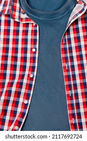 Classic Men's Casual Checkered Polo Shirt With T-shirt Close Up With Buttoned Collar Neck, Red Blue Color. Clothes, In Vivid Cotton Material. Modern Fashionable Shopping