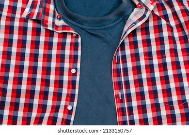 Classic Men's Casual Checkered Polo Shirt With T-shirt Close Up With Buttoned Collar Neck, Red Blue Color. Clothes, In Vivid Cotton Material. Modern Fashionable Shopping.