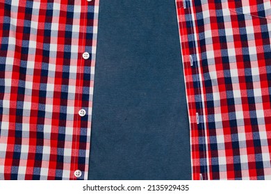 Classic Men's Casual Checkered Polo Shirt With T-shirt Close Up With Buttoned Collar Neck, Red Blue Color. Clothes, In Vivid Cotton Material. Modern Fashionable Shopping.