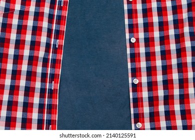 Classic Men's Casual Checkered Polo Shirt With T-shirt Close Up With Buttoned Collar Neck, Red Blue Color. Clothes, In Vivid Cotton Material. Modern Fashionable Shopping.