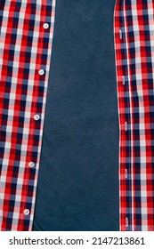 Classic Men's Casual Checkered Polo Shirt With T-shirt Close Up With Buttoned Collar Neck, Red Blue Color. Clothes, In Vivid Cotton Material. Modern Fashionable Shopping.