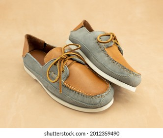 Classic Men's Leather Boat Shoes. These Laced Loafers Are The Traditional Fashion Accessory For Preppy Boating Male.