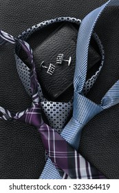 Classic Mens  Necktie, Wallet, Cufflinks  Lying On The Skin, Can Be Used As Background