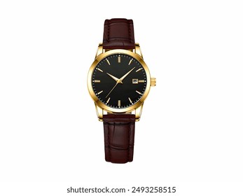 Classic men's wristwatch featuring a gold case, black dial, and brown leather strap with a date display. - Powered by Shutterstock