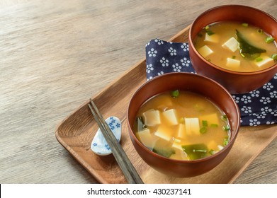 Classic Miso Soup With Tofu And Wakame Seaweed 