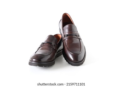 Classic modern male brown leather loafers shoes isolated on white background. - Shutterstock ID 2159711101