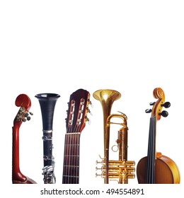 Classic Music. Music Instruments Isolated On White. Copy Space For Your Text.