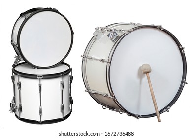 classic musical instrument big drum, set of three drums isolated on a white background
