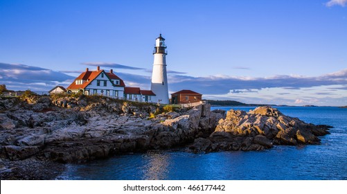 A classic New England Lighthouse in late afternoon, The Portland Head Light at Portland Maine, USA