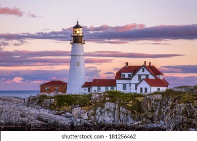 A Classic New England Lighthouse, The Portland Head Light After Sunset, Portland Maine, USA