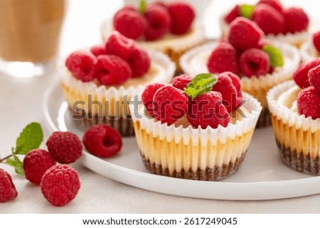 Classic New York cheesecakes in individual cups topped with fresh raspberry served with coffee