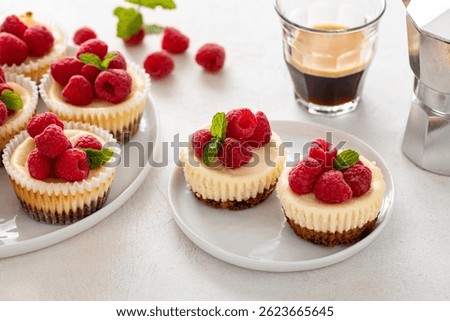 Classic New York cheesecakes in individual cups topped with fresh raspberry served with coffee