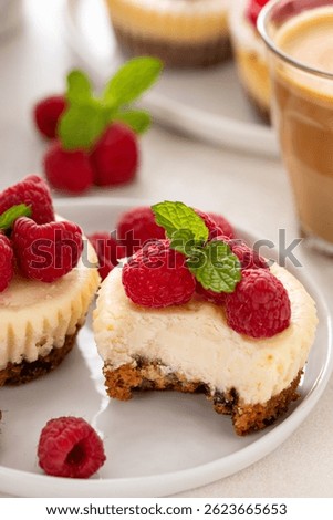 Classic New York cheesecakes in individual cups topped with fresh raspberry served with coffee with a bite taken