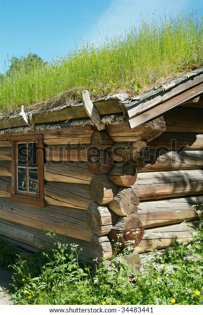 Classic Norwegian Log Cabin Grass On Stock Photo Edit Now 34483441