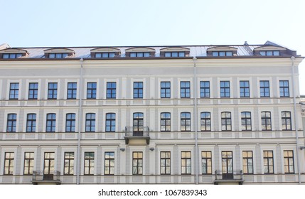 Classic Old Building Facade Built In Historic Mediterranean Revival Architecture Style In Saint Petersburg, Russia. Classic Russian City House Exterior, Front View Of Traditional Building In Russia.