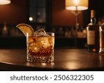 A classic Old Fashioned cocktail on a dimly lit bar counter, featuring whiskey, ice cubes, and a lemon wedge garnish. Perfect for cocktail menus and upscale nightlife imagery.