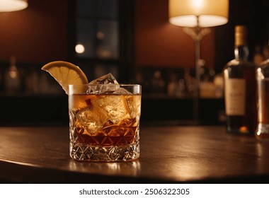 A classic Old Fashioned cocktail on a dimly lit bar counter, featuring whiskey, ice cubes, and a lemon wedge garnish. Perfect for cocktail menus and upscale nightlife imagery.