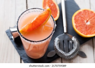 Classic Paloma Cocktail On White Wooden Table