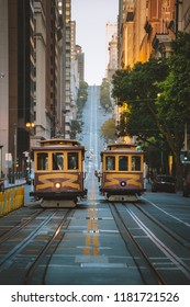 Classic Panorama View Of Historic San Francisco Cable Cars On Famous California Street At Sunset With Retro Vintage Instagram Style Filter Effect, Central San Francisco, California, USA