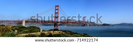 Classic panoramic view of famous Golden Gate Bridge in summer, San Francisco, California, USA.