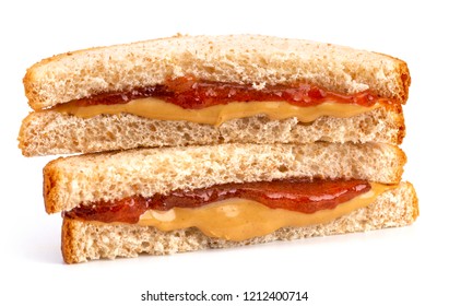 Classic Peanut Butter And Strawberry Jelly Sandwich On Wheat Bread