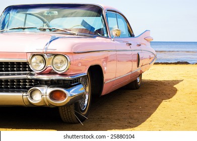 Classic Pink Car At Beach