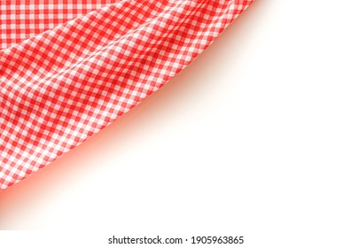 Classic pink plaid fabric or tablecloth on white background with copy space. 