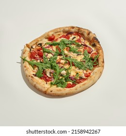 Classic Pizza From Tomato, Cheese, Mushroom And Greens Isolated On White Background. Unhealthy Eating And Fast Food. Fresh Baked High-calorie Tasty And Appetizing Junk Food. Studio Shoot. Copy Space