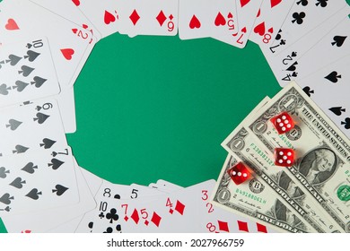 Classic Playing Cards, Red Dices And Dollars On Green Background With Place For Text. Gambling And Casino Concept. Flat Lay Design.