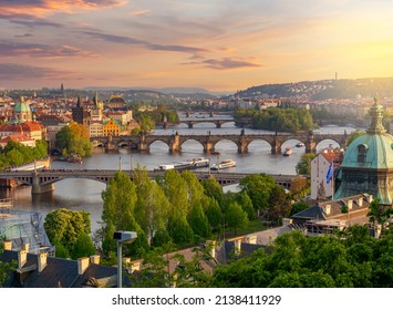Classic Prague cityscape with bridges over Vltava river at sunset, Czech Republic