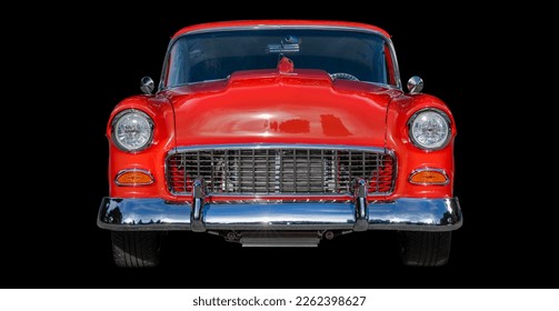 Classic red car front view grill and headlights