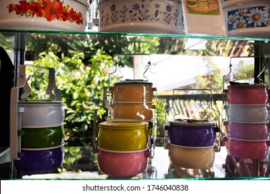 Classic Retro Vintage Colorful Pastel Tiffin Food Carriers Or Dabbas Or Lunch Box On Shelf For Show And Sale At Modern Shop In Bangkok, Thailand