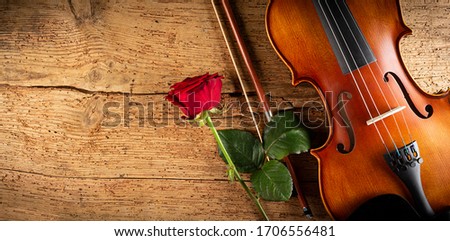 classic retro violin music string instrumt with red rose flower on old oak wood wooden wide panorama background. classical musical romantic valentines day concept.