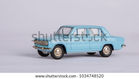 Classic Russian car in miniature copy. model Lada blue on a white background. layout for illustration. Isolate. Blank space for text. Mockup