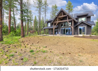 Classic Rustic New Home In Dark Grey Wood Exterior With Forest Landscape With Back Yard Porch.