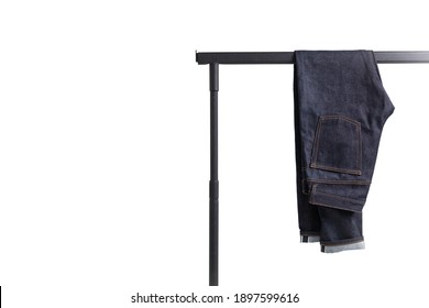 Classic Selvedge Jeans Isolated On White Background. Dry Blue Jeans. Raw Denim Jeans. 