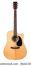 Classic shape western acoustic guitar isolated white background with clipping path. Musical instruments shop or learning school concept